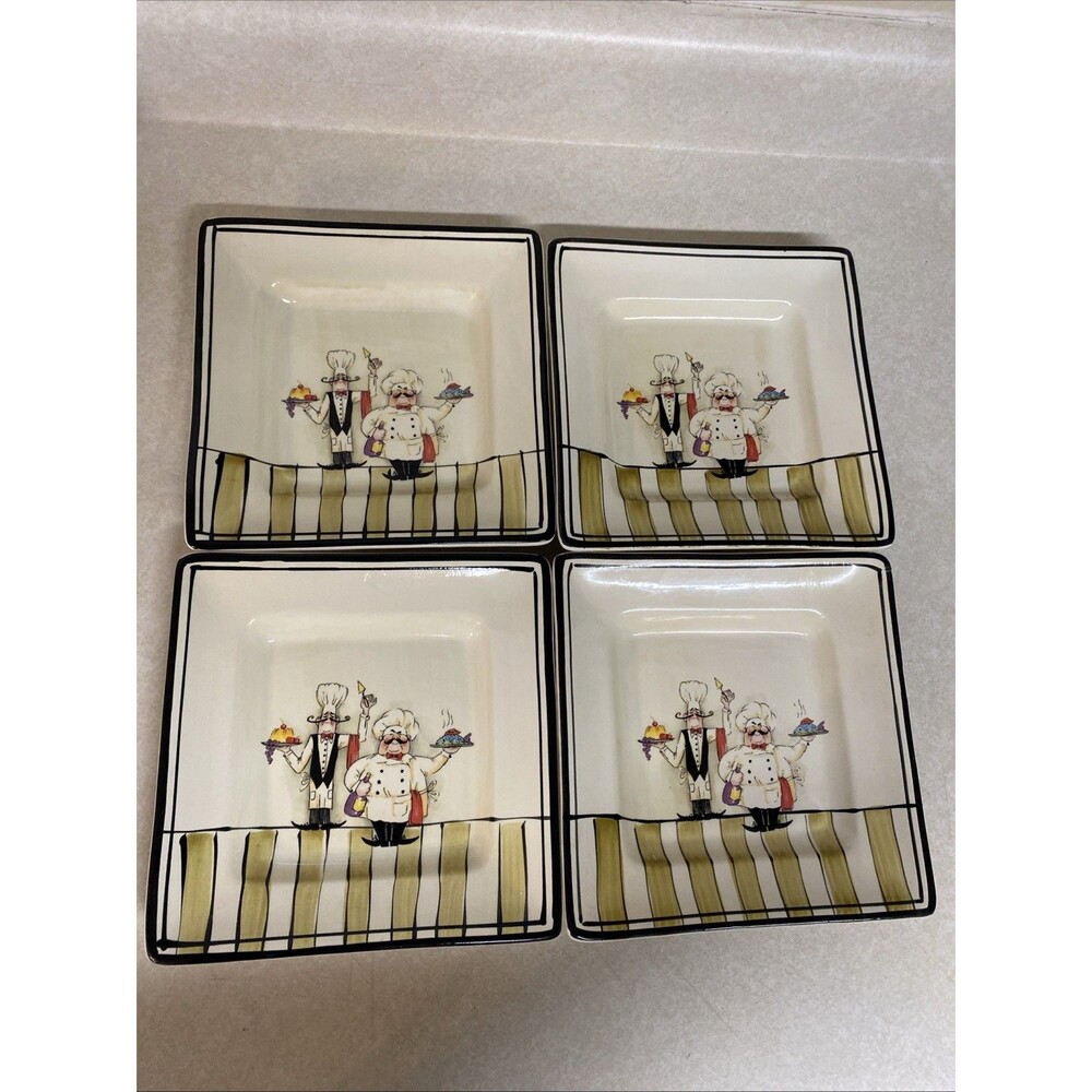 HD DESIGNS LE CHEF WHIMSICAL CHEFS DEEP DISH SQUARE SET OF 4 SALAD PLATES 7 7/8"